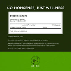 Swanson Activated Charcoal label detail, revealing quality standards and serving size.