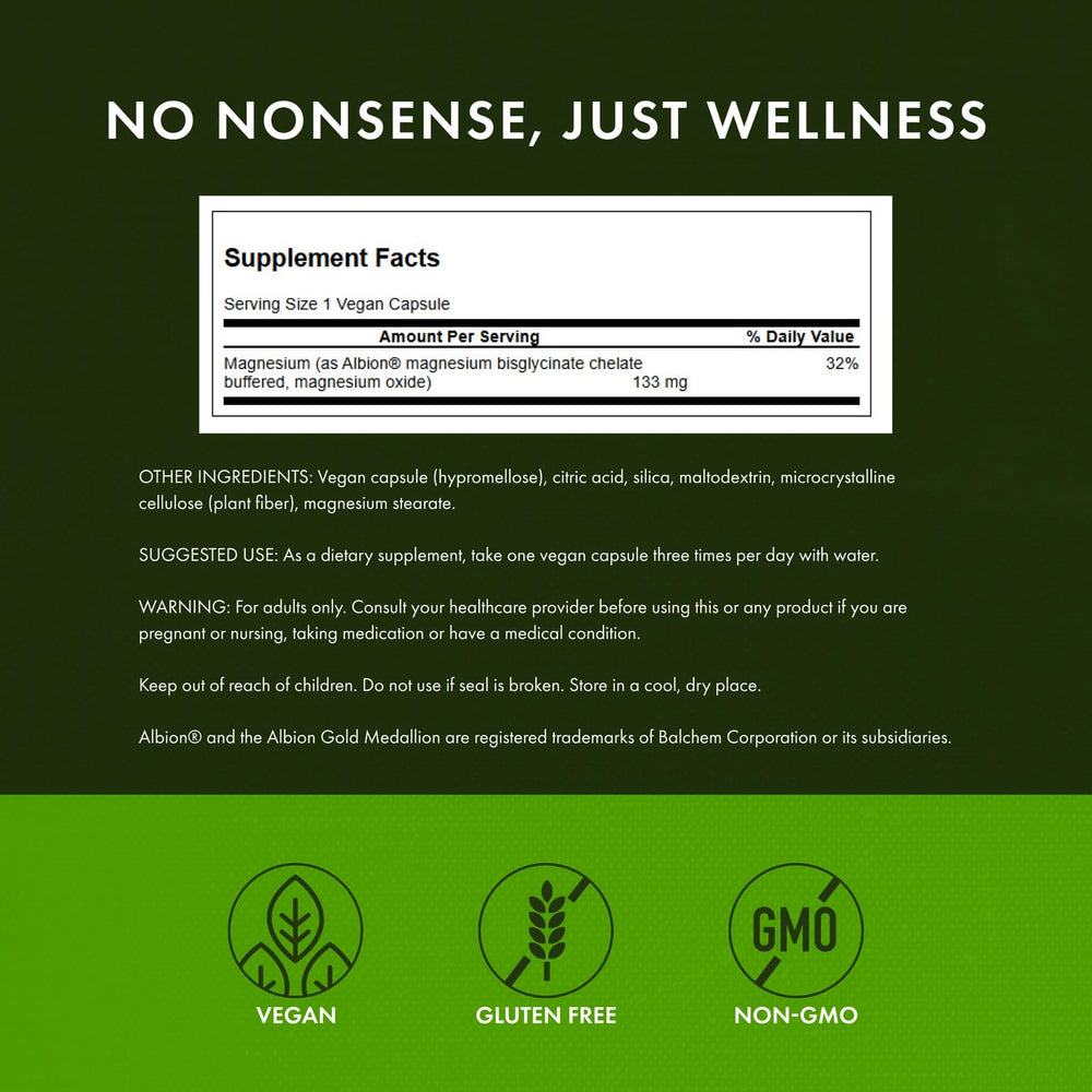 Swanson Albion Magnesium Glycinate label close-up with chelation details