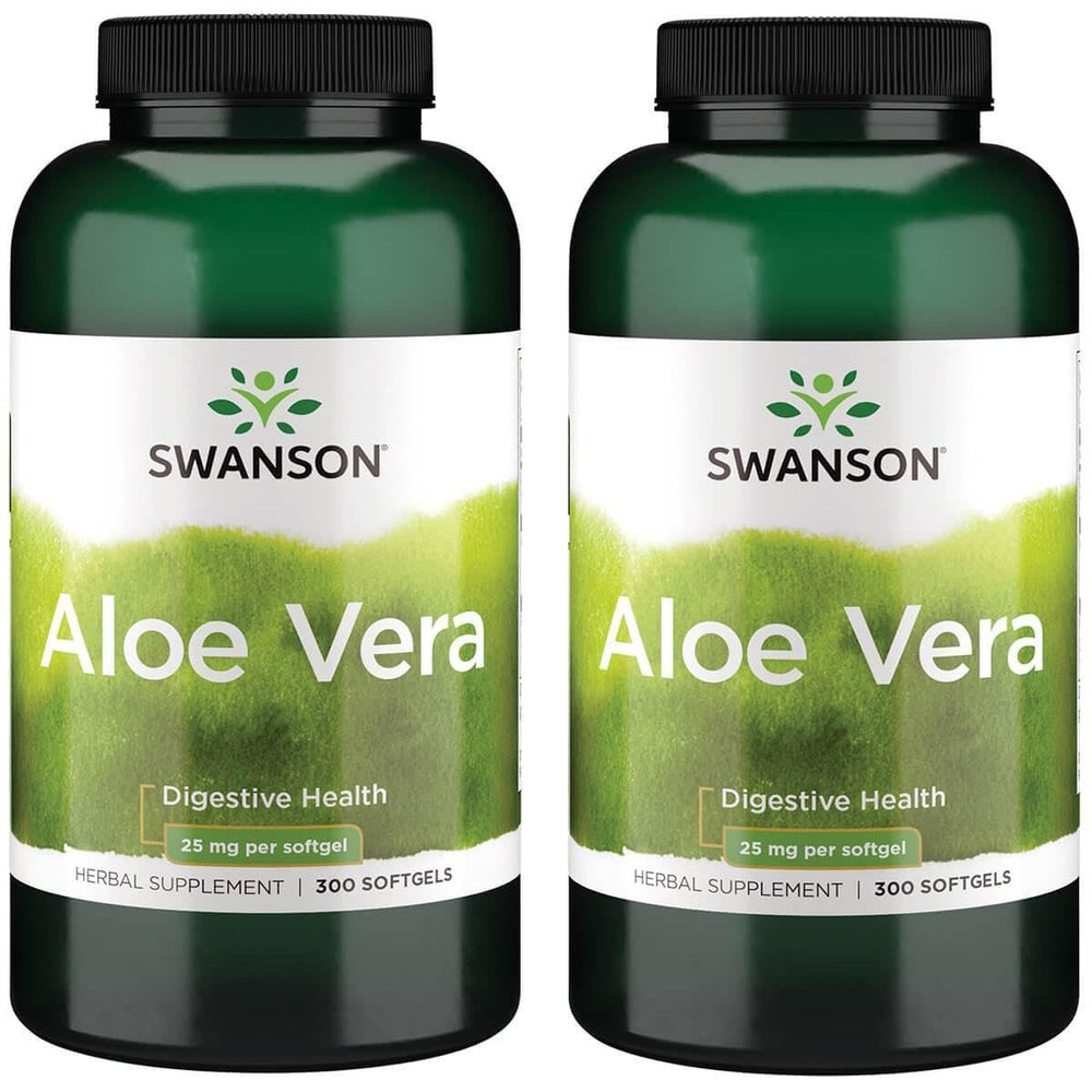Swanson Aloe Vera 25 mg bottle, two-pack for digestive support.