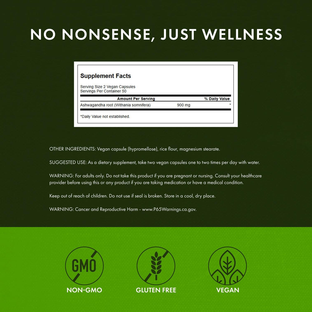 Swanson Ashwagandha powder ingredients label close-up showing potency and purity.