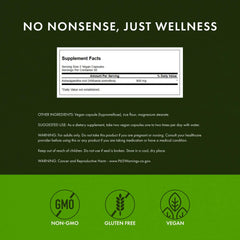 Swanson Ashwagandha powder ingredients label close-up showing potency and purity.