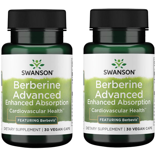 Swanson Berberine Advanced Absorption bottle close-up highlighting enhanced absorption for daily wellness