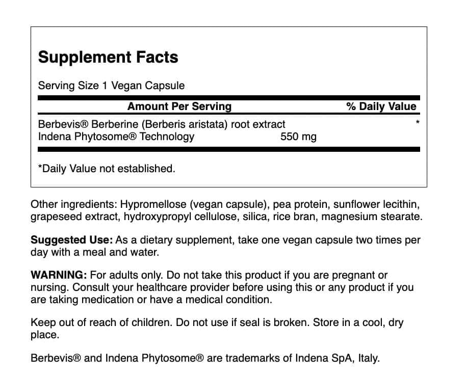 Swanson Berberine Advanced capsules shown, vegan daily supplement