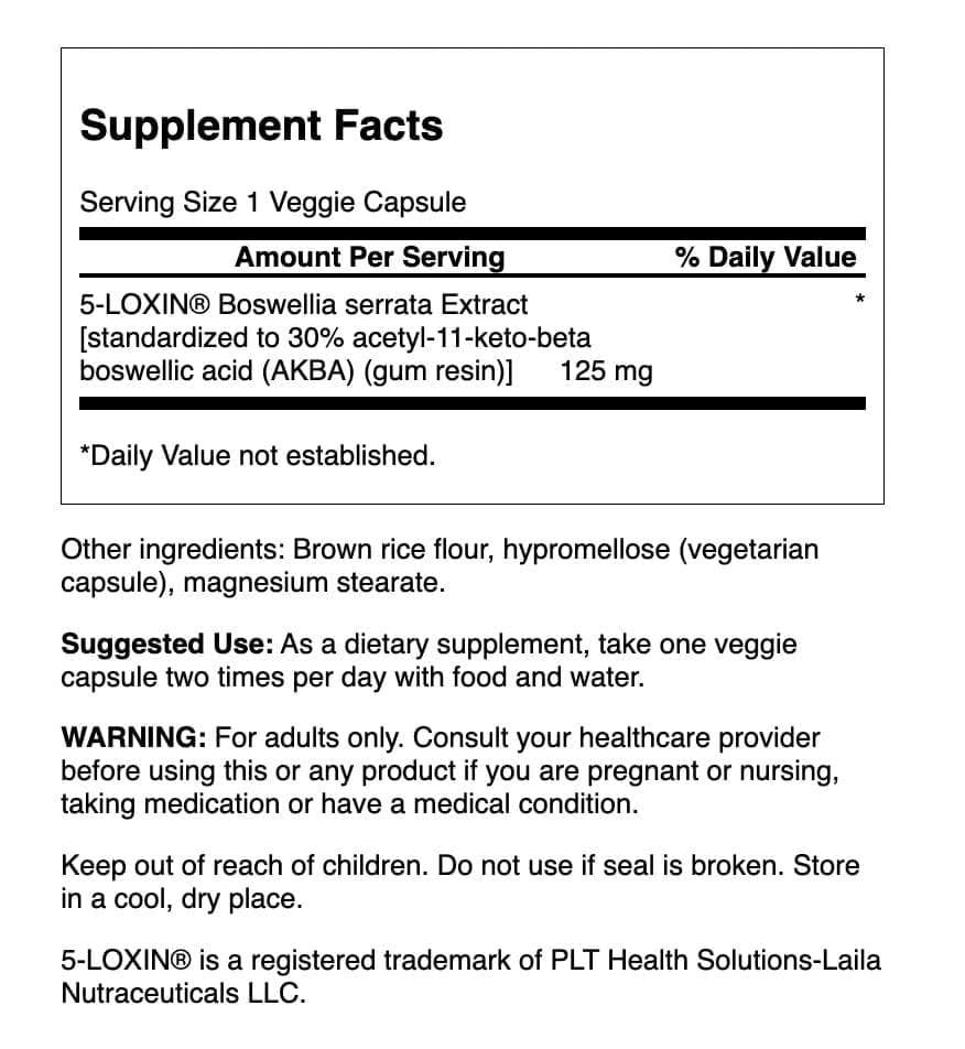 Swanson Boswellia Serrata capsules close-up showing 125 mg strength.