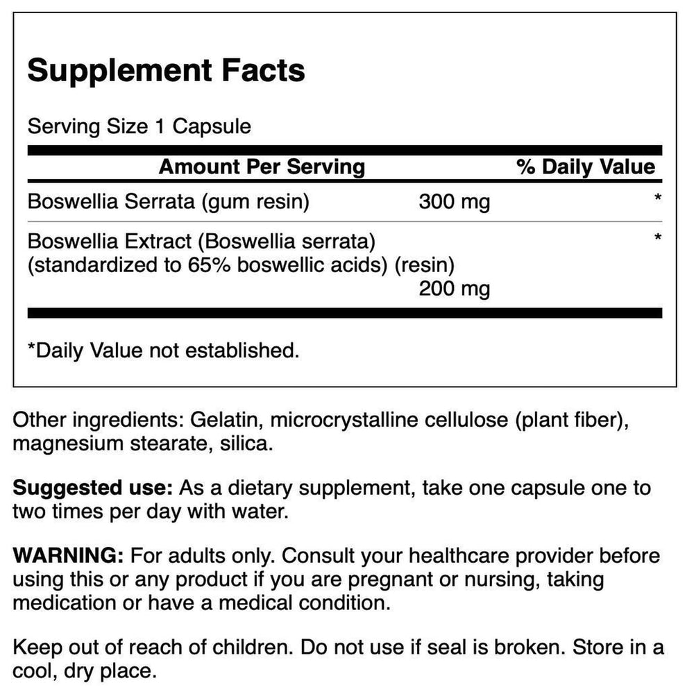 Swanson Boswellia Serrata capsules close-up; standardized extract with 65% boswellic acids