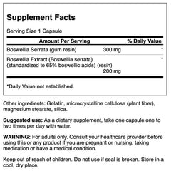 Swanson Boswellia Serrata capsules close-up; standardized extract with 65% boswellic acids
