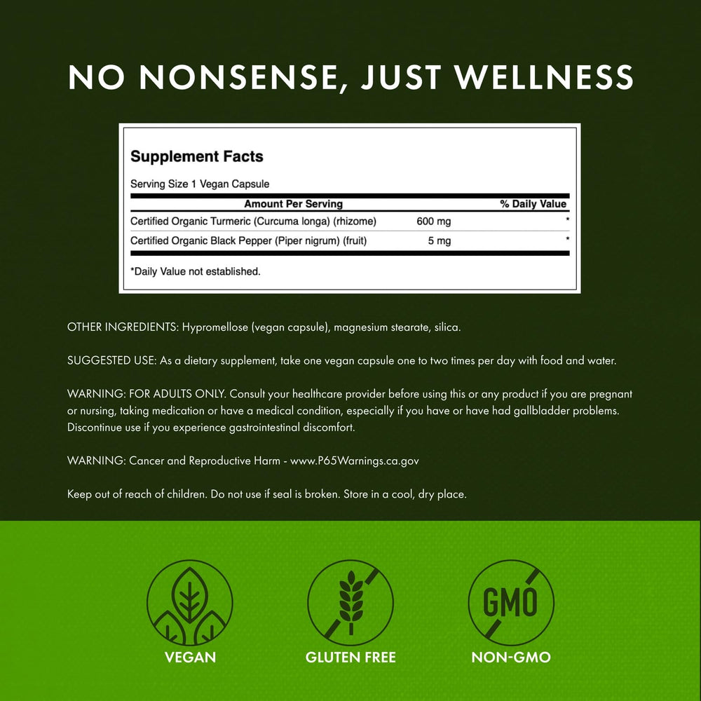 Swanson bottle ingredients label highlights organic vegan non-GMO features