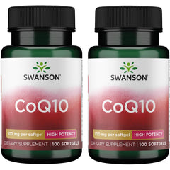 Swanson CoQ10 softgel bottle pouring, convenient daily energy support.