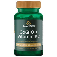 Swanson CoQ10 + Vitamin K2 60 Sgels bottle showing packaging for arterial support