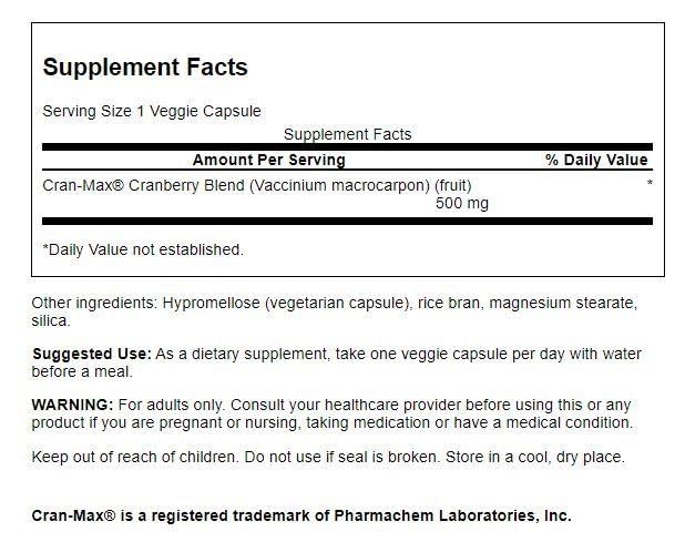 Swanson Cran-Max capsules close-up highlighting vegetarian formula for daily urinary support