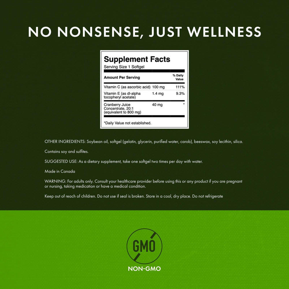 Close-up of Swanson Cranberry label showing vitamin C and E antioxidants
