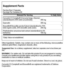 Swanson Curcumin C3 Complex with Boswellia and Quercetin label close-up highlighting standardized extracts and GMP testing.
