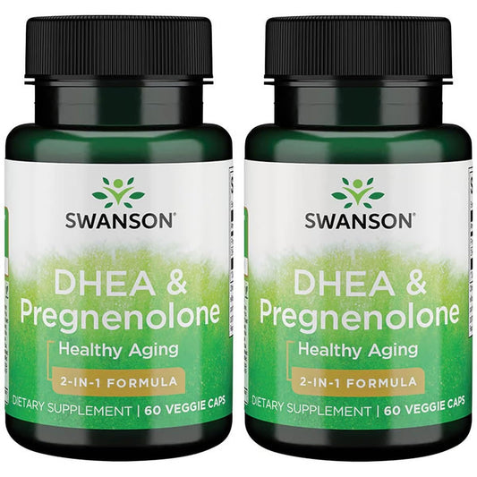 Swanson DHEA & Pregnenolone Complex bottle front with vegetarian capsules for everyday vitality.