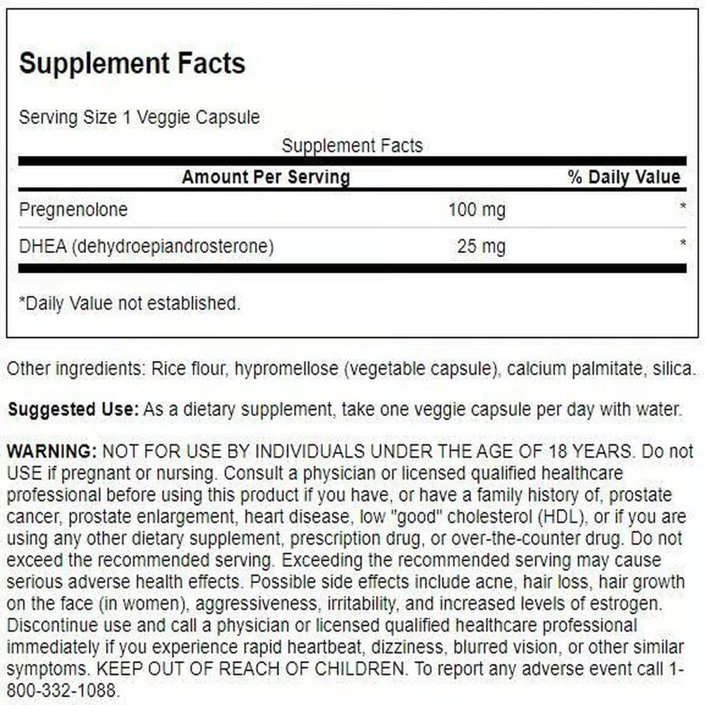 Close-up of Swanson DHEA & Pregnenolone Complex capsules highlighting vegetarian formula.