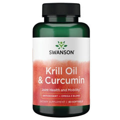 Swanson EFA Krill Oil & Curcumin bottle pouring to show easy dosing.