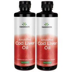 Swanson emulsified cod liver oil mint bottle for better absorption and mint flavor.
