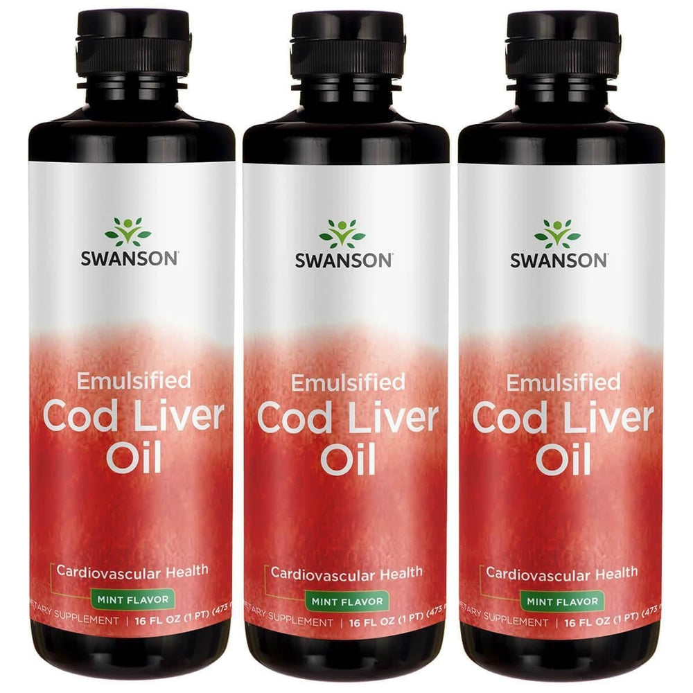 Swanson emulsified cod liver oil mint flavor bottle pour supports easy digestion and daily wellness.