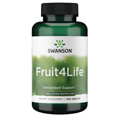 Swanson Fruit4Life 300 Tabs bottle shows a fruit-powered antioxidant blend for daily nutrition.