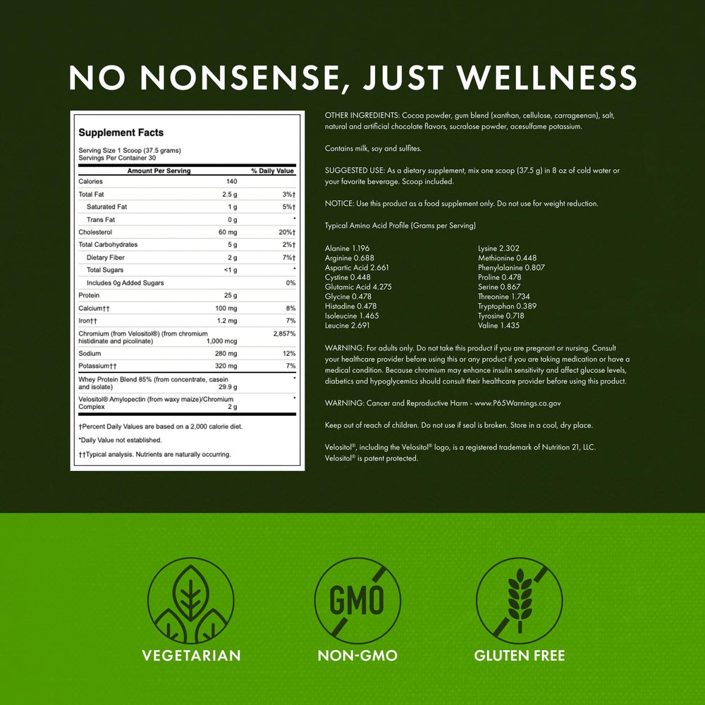 Swanson Full Potential Whey Chocolate nutrition label highlighting Velositol blend.