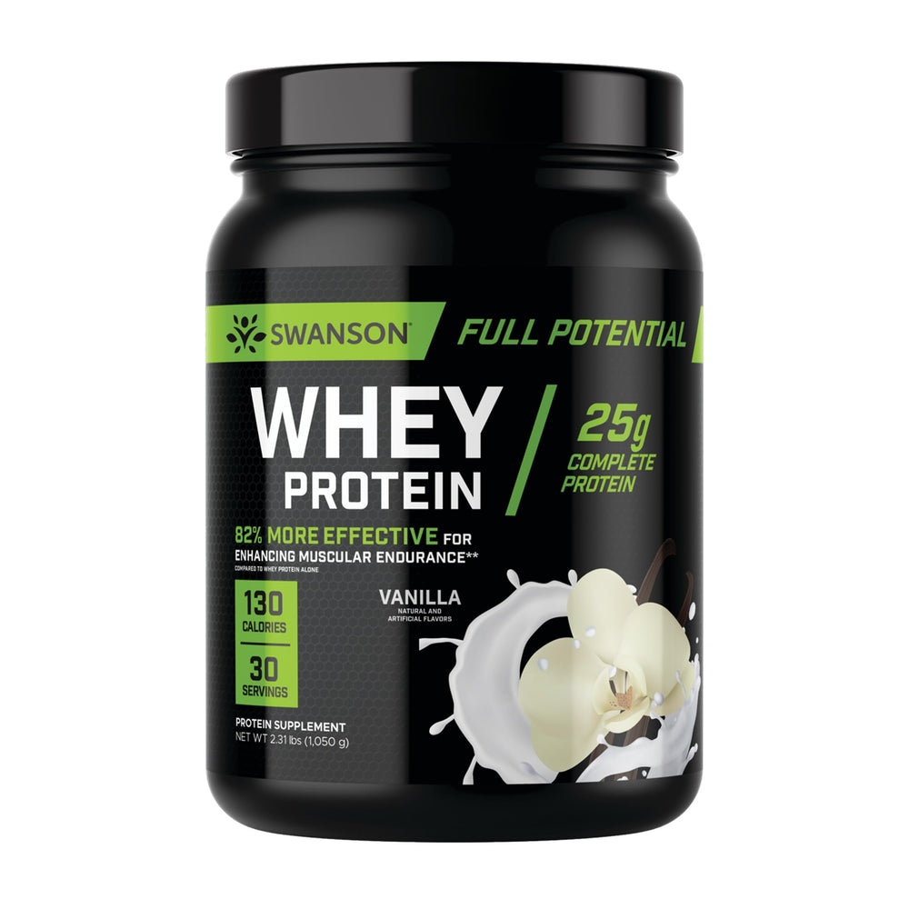Swanson Full Potential Whey Protein Vanilla tub for post-workout recovery.