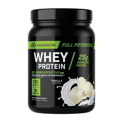 Swanson Full Potential Whey Protein Vanilla tub for post-workout recovery.