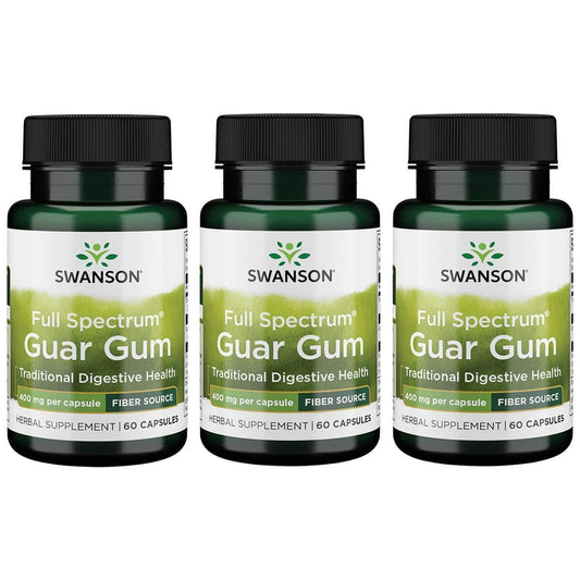 Swanson Full Spectrum Guar Gum 60 Caps three-pack front view highlights a convenient plant-based fiber option.