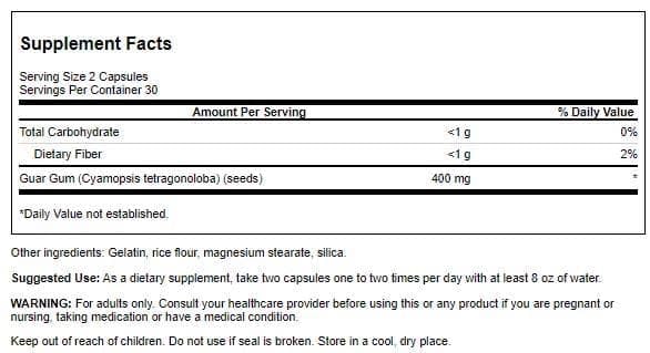 Swanson Full Spectrum Guar Gum bottle label close-up emphasizing ingredients and quality focus.