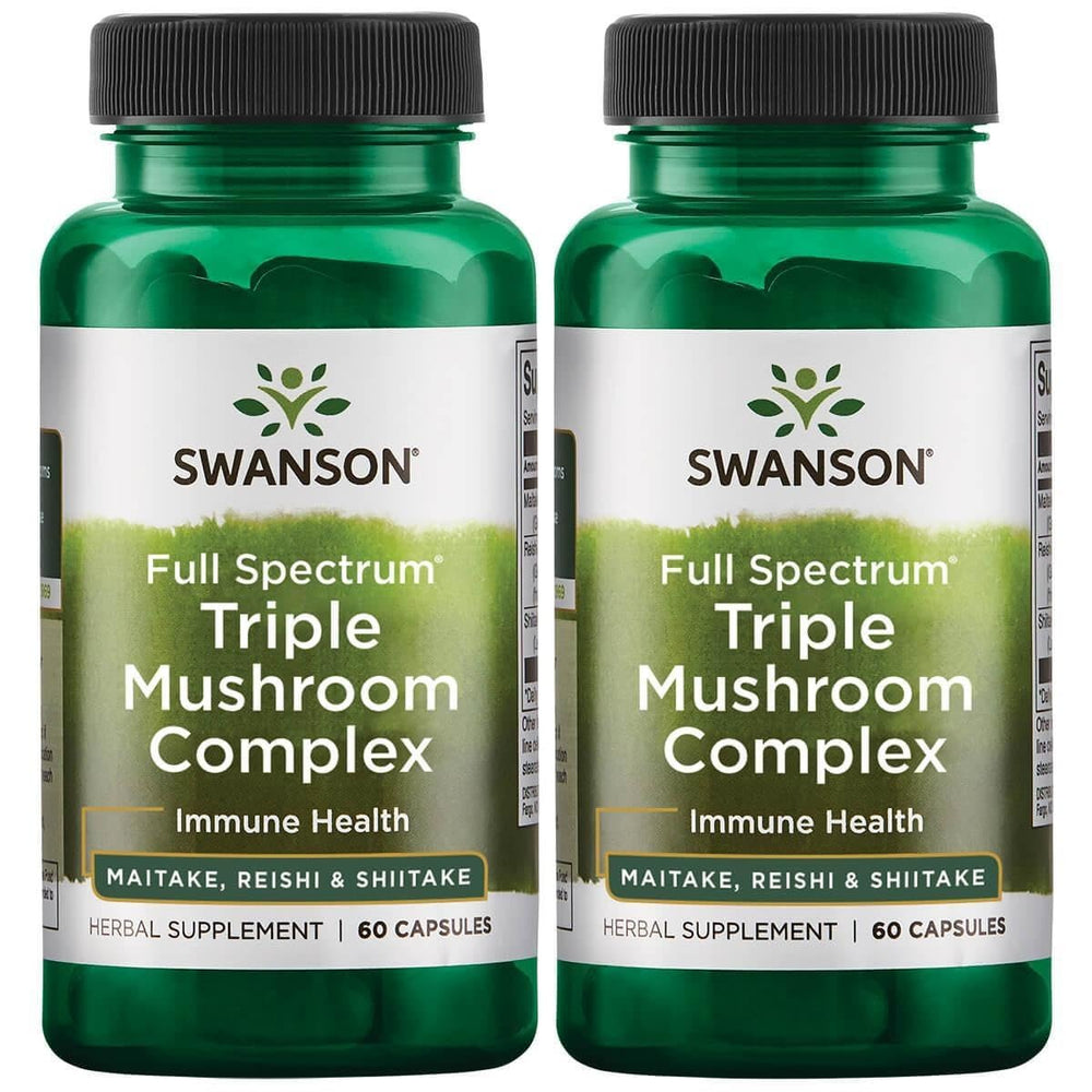 Swanson Full Spectrum Triple Mushroom Complex bottle pour, capsules ready for daily immune and energy support