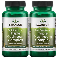 Swanson Full Spectrum Triple Mushroom Complex bottle pour, capsules ready for daily immune and energy support
