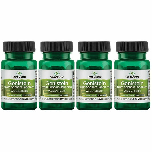 Swanson Genistein bottle close-up highlighting plant based soy-free formula for women's health