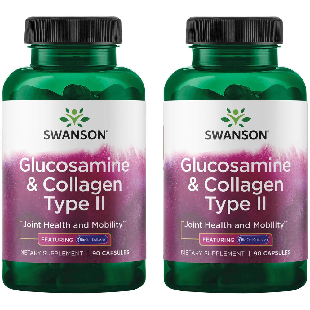 Swanson Glucosamine & Collagen Type II bottle with two-pack supports joint health and skin elasticity.