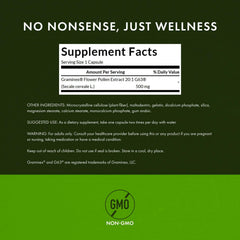Swanson Graminex capsules beside a glass of water representing daily intake.