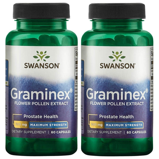 Swanson Graminex pollen extract capsules on bottle supporting urinary and prostate health.