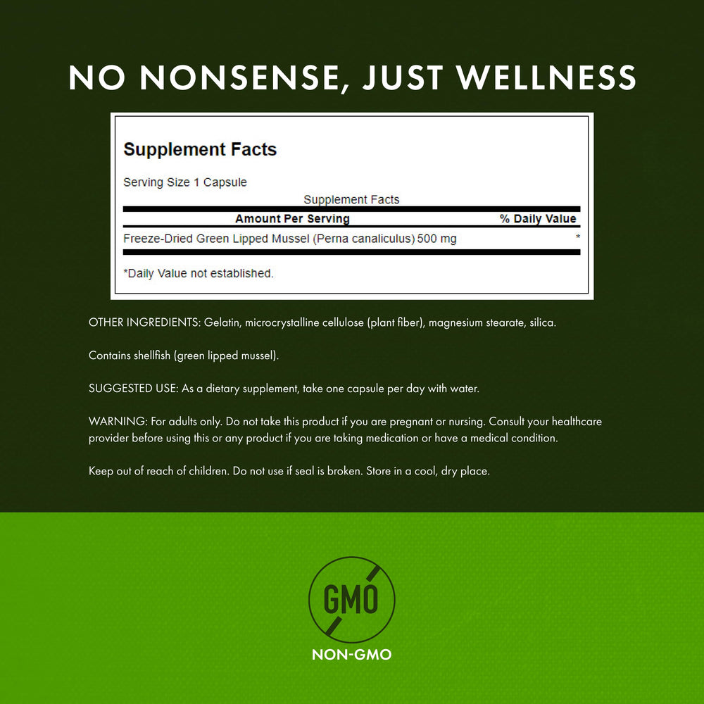 Swanson Green Lipped Mussel label detail indicating tested quality.