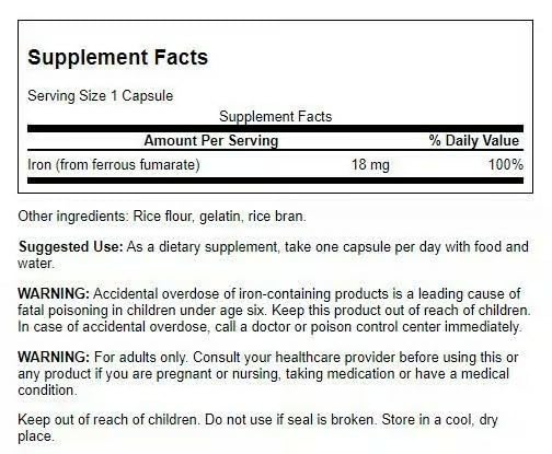 Swanson Iron capsules ready for daily intake supporting oxygen delivery.