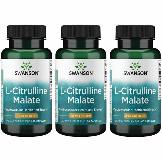 Swanson L-Citrulline Malate 750mg capsules bottle supports steady energy.