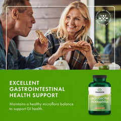 Swanson compact bottle for acid-resistant gut health supplementation.