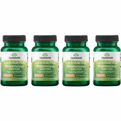 Swanson Lactobacillus Rhamnosus with FOS bottle shows daily digestive support in a vegan capsule.