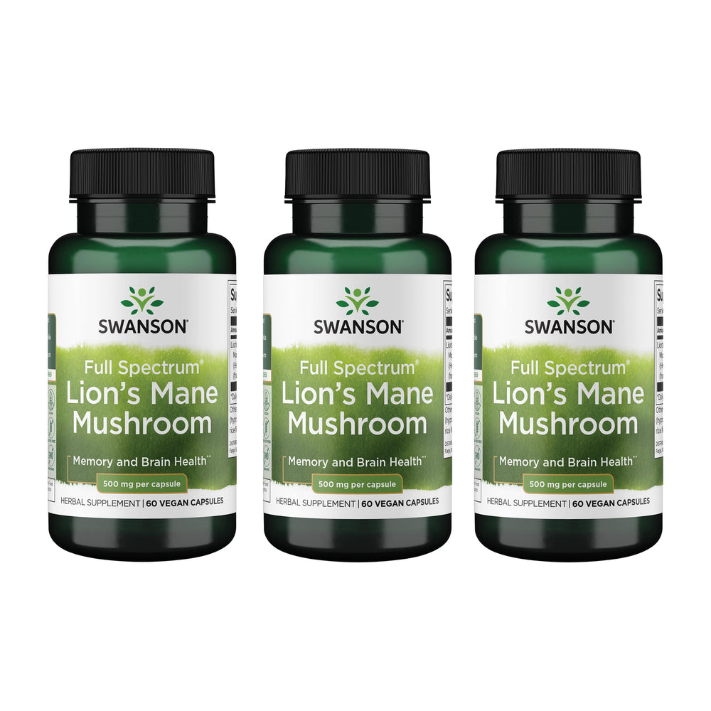 Swanson Lion's Mane capsules in a 3-pack suggesting daily focus support