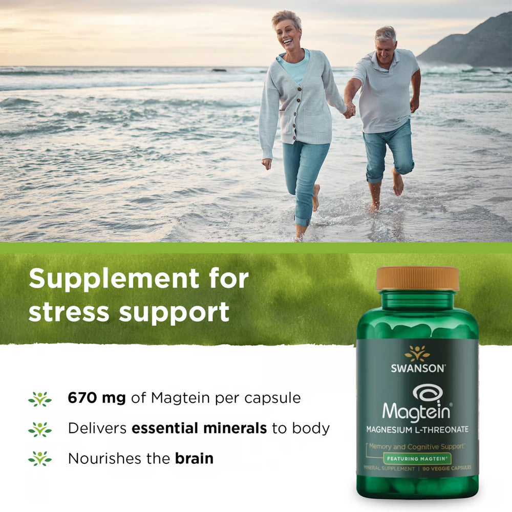 Swanson Magnesium L-Threonate capsules close-up, showing veggie capsules for everyday nervous system support.