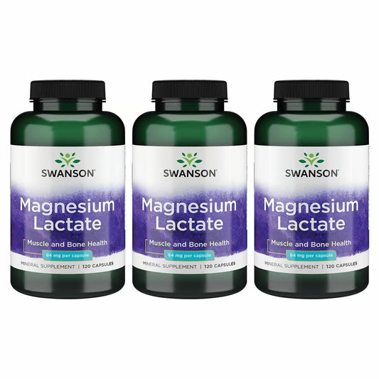 Swanson Magnesium Lactate bottle shows 84 mg elemental magnesium per capsule for daily mineral support.