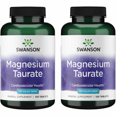 Swanson Magnesium Taurate bottle with label; promotes natural muscle and bone support.