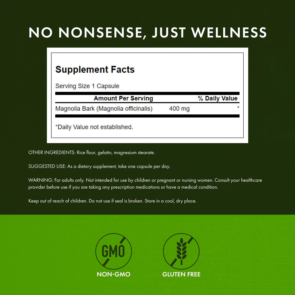 Swanson Magnolia Bark label view showcasing natural ingredients and formulation
