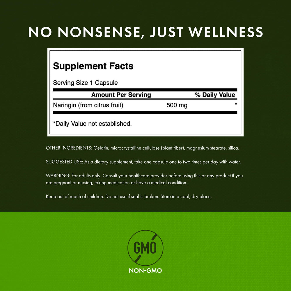 Swanson Naringin ingredients label close-up showing citrus bioflavonoid sourcing and purity.