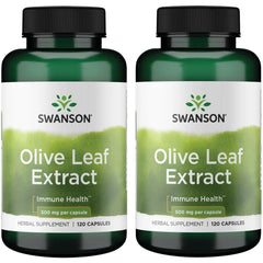 Swanson Olive Leaf Extract bottle front with capsules for natural immune support.