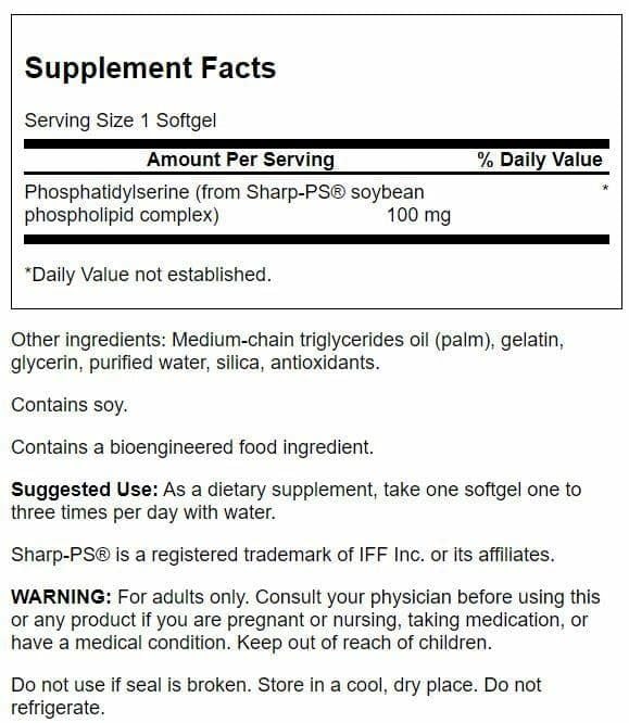 Swanson phosphatidylserine bottle side shows dosage guidance for daily use in cognitive support.