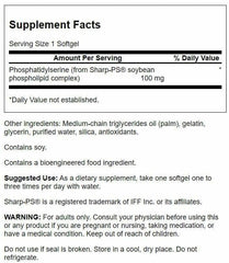 Swanson phosphatidylserine bottle side shows dosage guidance for daily use in cognitive support.