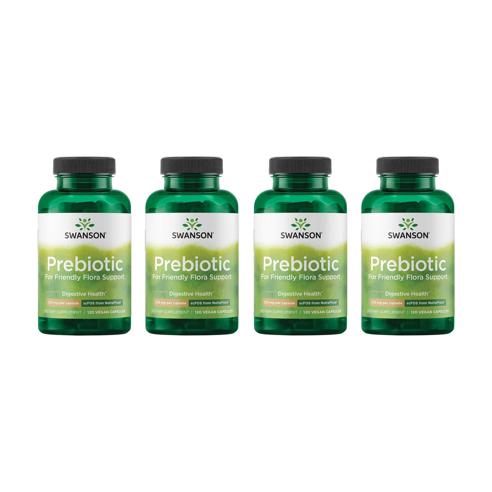 Swanson prebiotic bottle front view highlighting NutraFlora fiber for gut balance