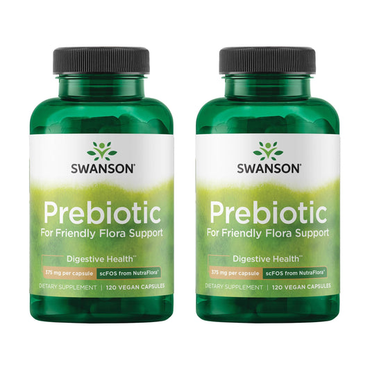 Swanson Prebiotic friendly flora bottle shows daily capsules for gut balance