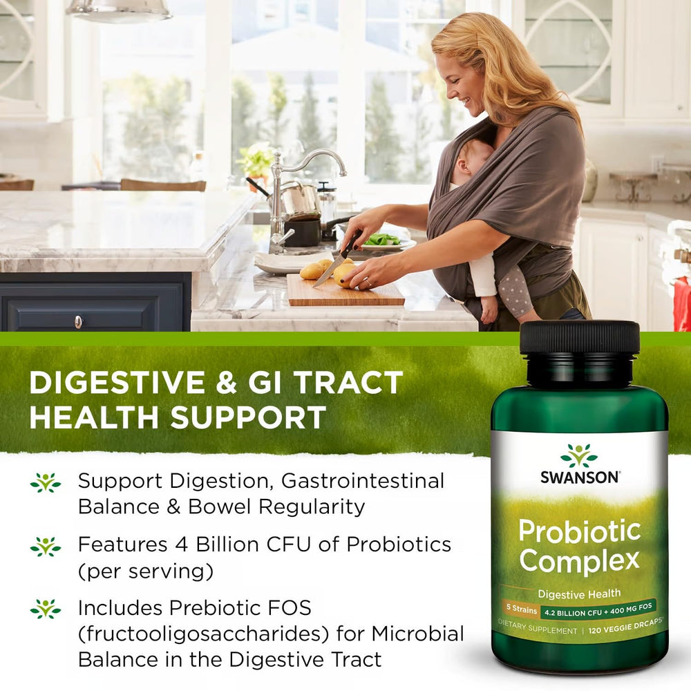 Swanson Probiotic Complex ingredients panel highlights CFU and FOS